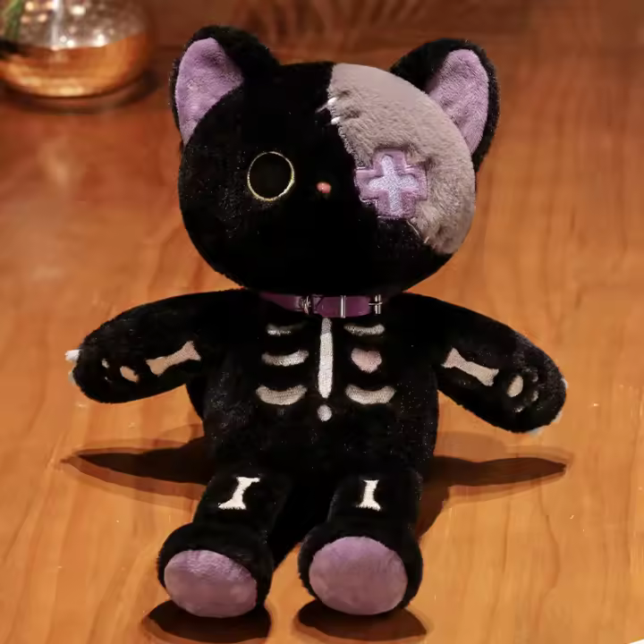 Muñeco De Peluche Gato Esqueleto Negro Kawaii Creativo Animal De Peluche Cojín Gótico Para Niños Regalos De Halloween Tamaño 40cm Relleno De Algodón PP - 1