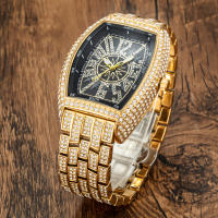 Reloj De Lujo Para Hombre Con Cristales Iced-Out Tonneau Dorado Reloj De Cuarzo Con Pulsera De Acero Inoxidable Moda Diamante Analog Clock - details 0