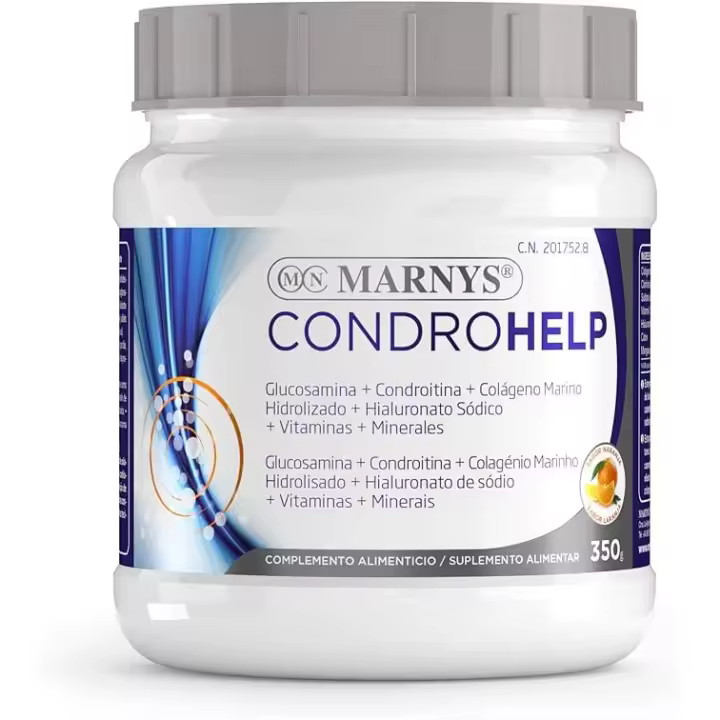 MARNYS® Suplemento MARNYS Condroitina y Glucosamina Condrohelp - Movilidad en Cartilagos, Tendones y Ligamentos - Colageno, Acido Hialuronico y Vitamina C - Polvo Sabor Naranja - 350g - 1