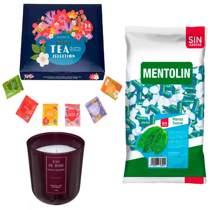 Pack bienestar: MENTOLIN MENTA SUAVE S/A BOLSA 1KG + Vela rosa de silicona 170 g + Set de Te con 24 bolsitas con diferentes sabores y aromas - 1