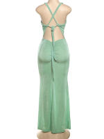 Vestido Maxi Bodycon Elegante Para Mujer Kliou Con Cuello En V Y Ribbons Sin Mangas Vestido De Banquete Clásico De Calle Alta Estilo Slim Para Verano - details 3
