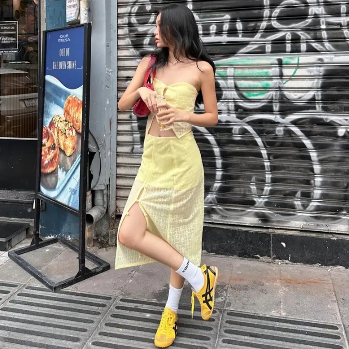 Conjunto De Verano Casual Para Mujer WhereMery Con Espalda Descubierta Y Sin Mangas Top Corto Con Falda Larga De Cintura Alta Traje Elegante De Dos Piezas - 1