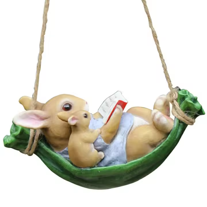 Decoración De Jardín Cartoon Conejo En Swing Lindo Adorno De Hogar Estatua Creativa De Conejo En Resina Regalo Colgante - 1