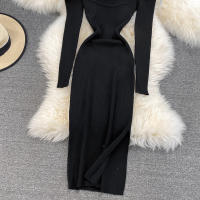Vestido REALEFT De Mujer Otoño Invierno Con Cuello Cuadrado Manga Larga Y Acolchado De Puff Trasero Lateral Split Midi Casual - details 31