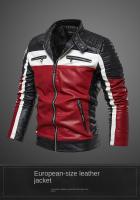 Chaqueta De Cuero Casual Para Moto De Otoño Para Hombres Con Cuello Alto Bloqueado De Colores Chaqueta De Cuero Artificial Moda De Piloto - details 1