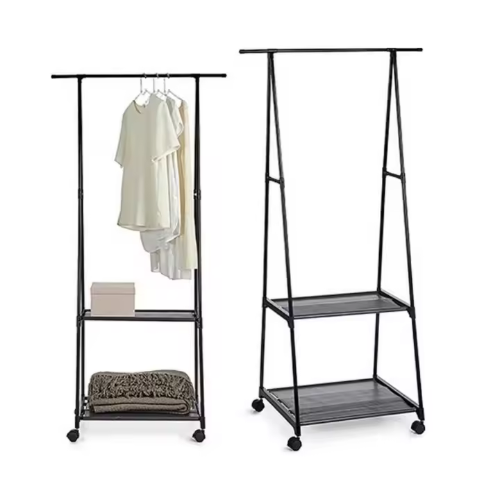 GREATOOL Perchero Triangular con Barra Superior, lleva 4 ruedas y 2 Baldas de Tela para Almacenamiento Inferior,Perchero Burro para Recibidor, Pasillo, Vestidor. - 1