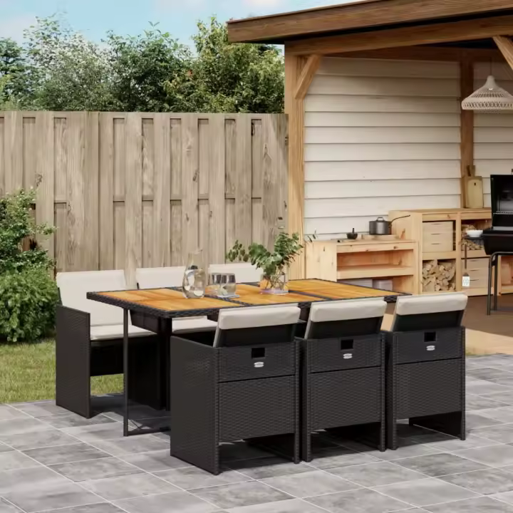 vidaXL Set de comedor de jardín 7 pzas y cojines ratán sintético negro - 1