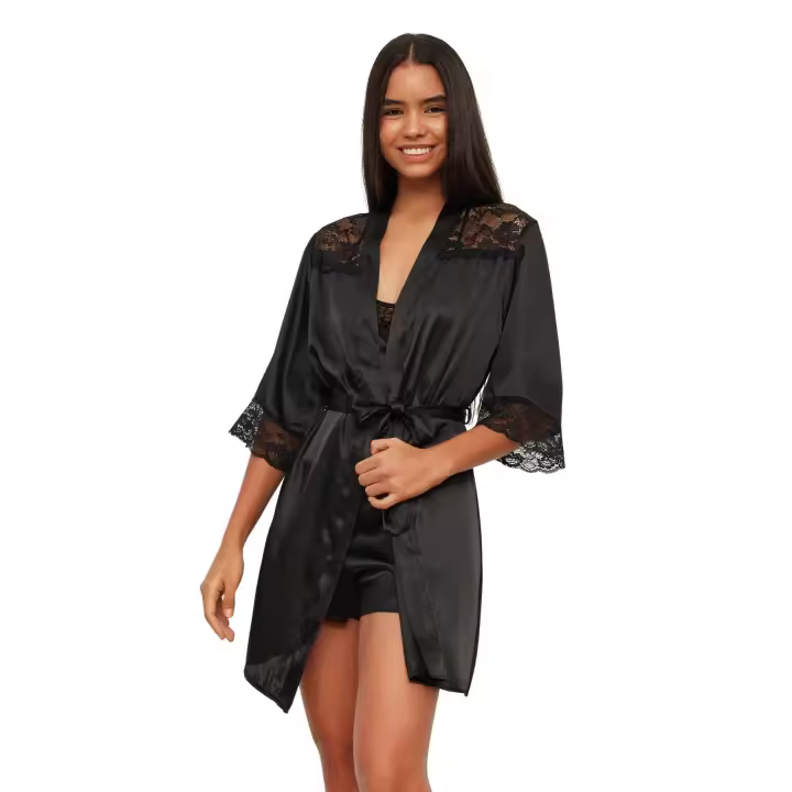 Trendyol Black Belted Lace Satin Weave Dressing Gown Thmss21Sb0001 - 1
