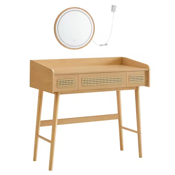 SONGMICS HOME BOHOVEN Colección - Tocador con Espejo y Luz, Tocador de Maquillaje con 3 Cajones Ratán, Luz de Control Táctil con 3 Tonos de Color, Regulable, Estilo Boho, para Dormitorio, Beige Roble - 1