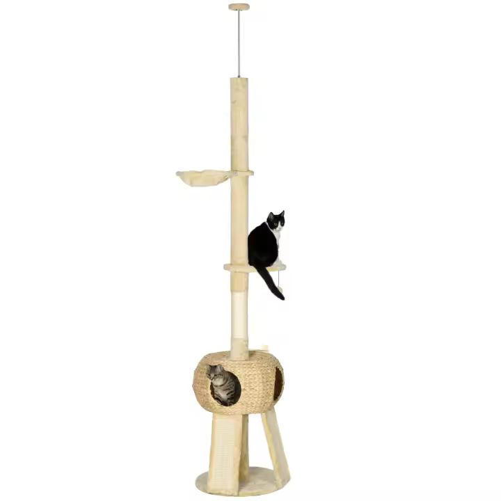 PawHut Árbol para Gatos de Suelo a Techo de 225-255 cm Torre para Gatos Altura Ajustable con Cueva Plataformas Hamaca Postes Rascadores Rampas y Bolas Colgantes Ø48x225-255 cm Beige - 1