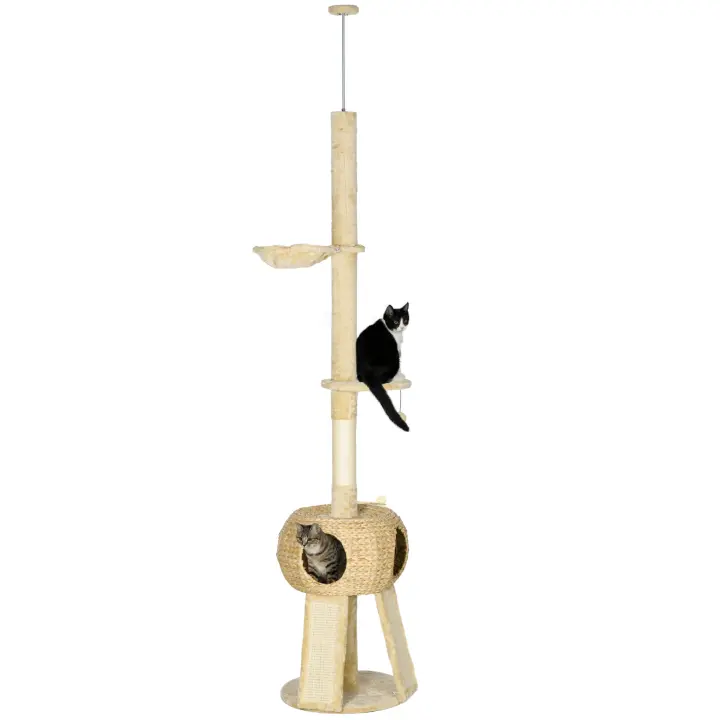 PawHut Árbol para Gatos de Suelo a Techo de 225-255 cm Torre para Gatos Altura Ajustable con Cueva Plataformas Hamaca Postes Rascadores Rampas y Bolas Colgantes Ø48x225-255 cm Beige - 1