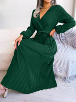 Vestido Largo Elegante Para Mujer Con Cuello En V Manga Larga Pleated Maxi Con Cinturón Estilo Casual De Pierna Larga - details 15