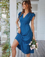 Vestido Largo Medio De Verano Para Mujer Con Manga Volante Y Cuello V Estilo Casual Suelto A-Line Sin Capucha Material Viscosa Y Poliéster - details 13
