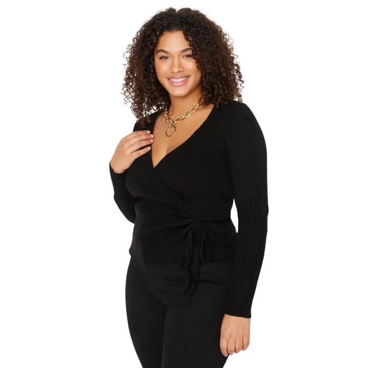 Trendyol Black V-Neck Gather Detailed Fine Knitwear Sweater Tbbaw23An00069 - 1