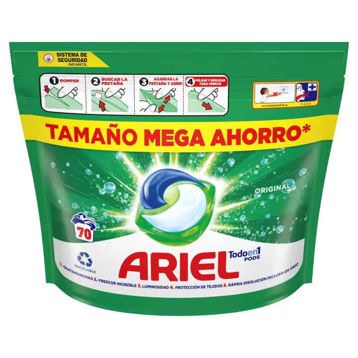 Ariel Todo En 1 PODS, Detergente Líquido Para Lavadora 70 Cápsulas Original Lavados, 5 Acciones Para Una Limpieza Increíble - 1