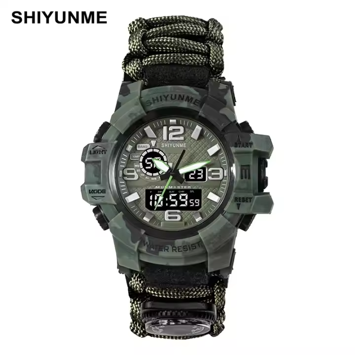 Reloj De Sobrevivencia Militar Multifuncional SHIYUNME Para Hombres Resistente Al Agua Con Cordón Paracord Para Camping Y Senderismo Reloj De Mano Con Pantalla LED Y Compás - 1