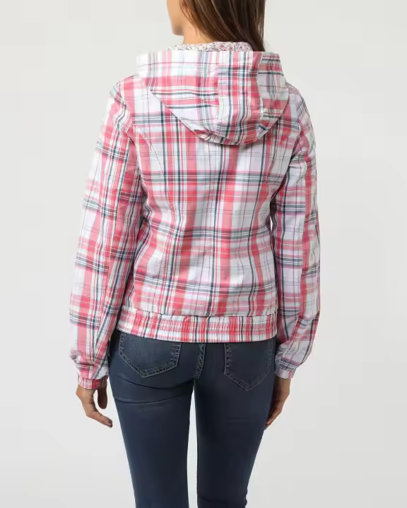 Cazadora mujer, chaqueta casual cuadros, manga larga, capucha extraíble, cuello alto cremallera, bolsillos delanteros, diseño moderno, tejido ligero, cómoda, talla L, color rojo blanco ✅Entrega 24/48h - 1