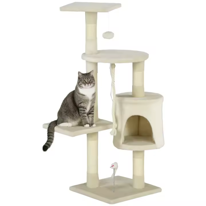 PawHut Rascador para Gatos Altura 116 cm Árbol para Gatos Torre de Escalada con Postes Rascadores de Sisal Cueva Plataformas y Juguetes Divertidos Colgantes Beige - 1