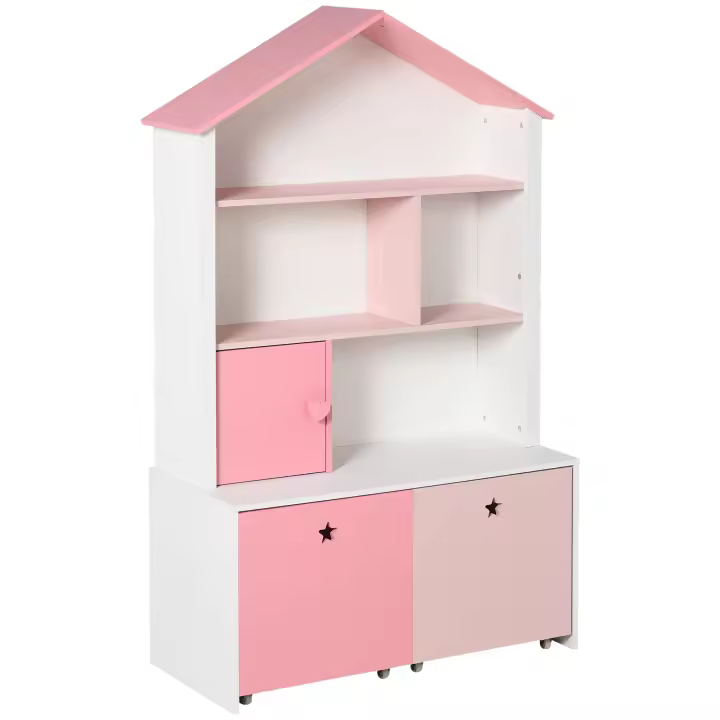 HOMCOM Estantería de Madera Infantil Librería para Niños con 4 Compartimentos 1 Puerta y 2 Cajones Extraíbles con Ruedas para Libros Juguetes 80x34x130 cm Rosa y Blanco - 1