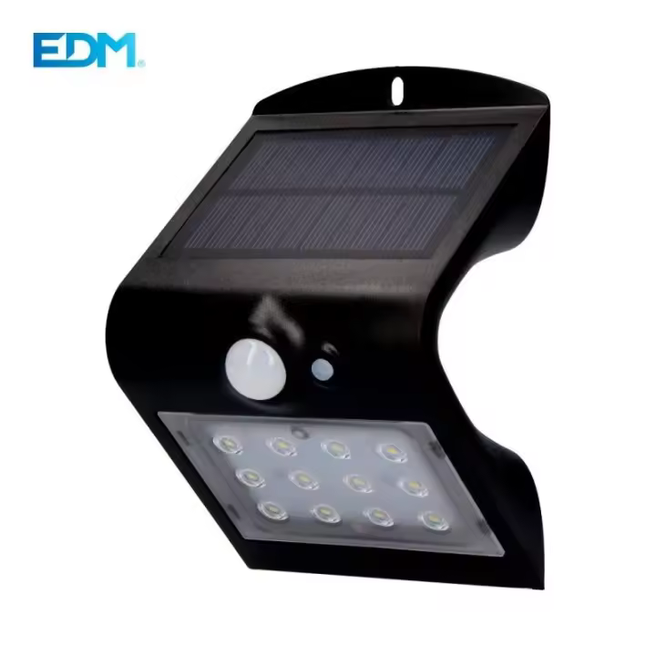 Aplique solar 1.5w 220lm recargable sensor de presencia 2 6m Color Negro 9.6x7.3x14cm EDM - 1