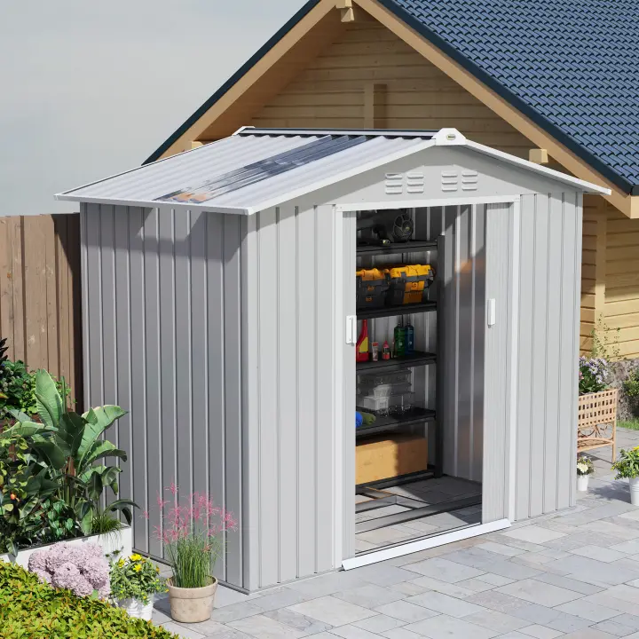 Outsunny Cobertizo de Jardín 2,42m² con Base de Refuerzo Sin Suelo 213x130x185 cm Caseta de Jardín Exterior con Puertas Correderas Claraboya 4 Ventanas para Almacenamiento de Herramientas - 1