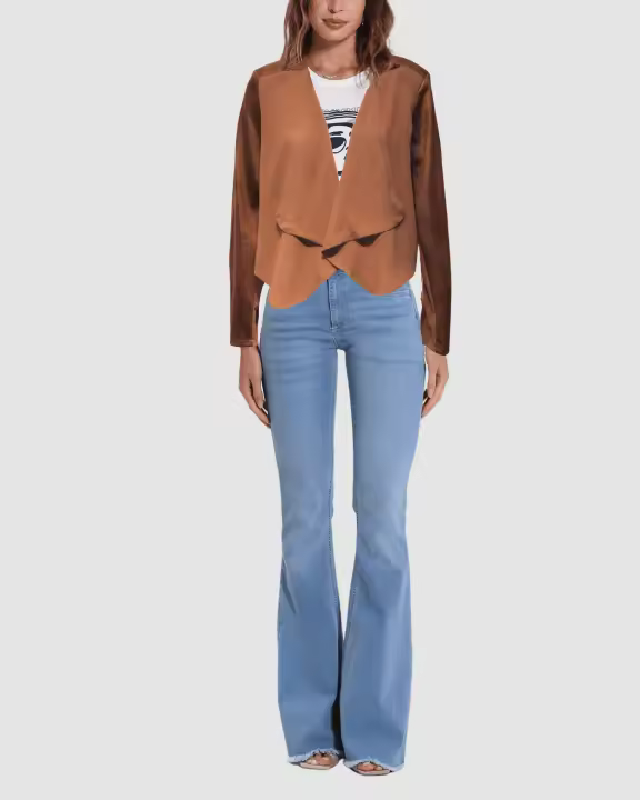 Chaqueta corta mujer, abrigo ligero, jacket, diseño combinado antelina, solapa abierta, manga larga, estilo casual chic, marrón, talla L, cómoda, versátil, ideal otoño/invierno. ✅Entrega 24/48h - 1