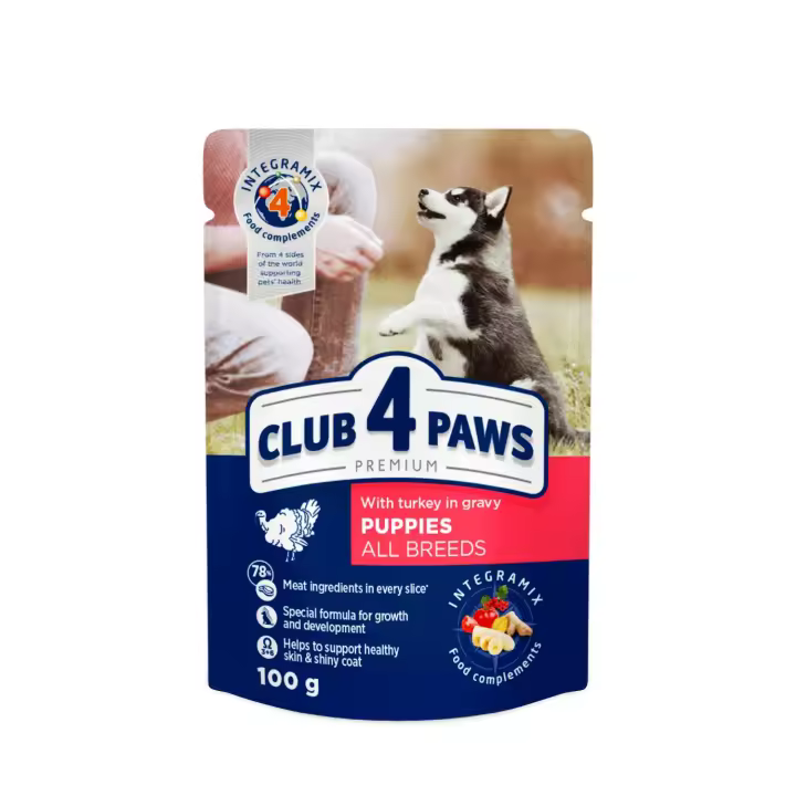 Comida húmeda completa para cachorros CLUB 4 PAWS PREMIUM - pavo en salsa, Pack 24x100g - Alimentación Premium para Perros - 1