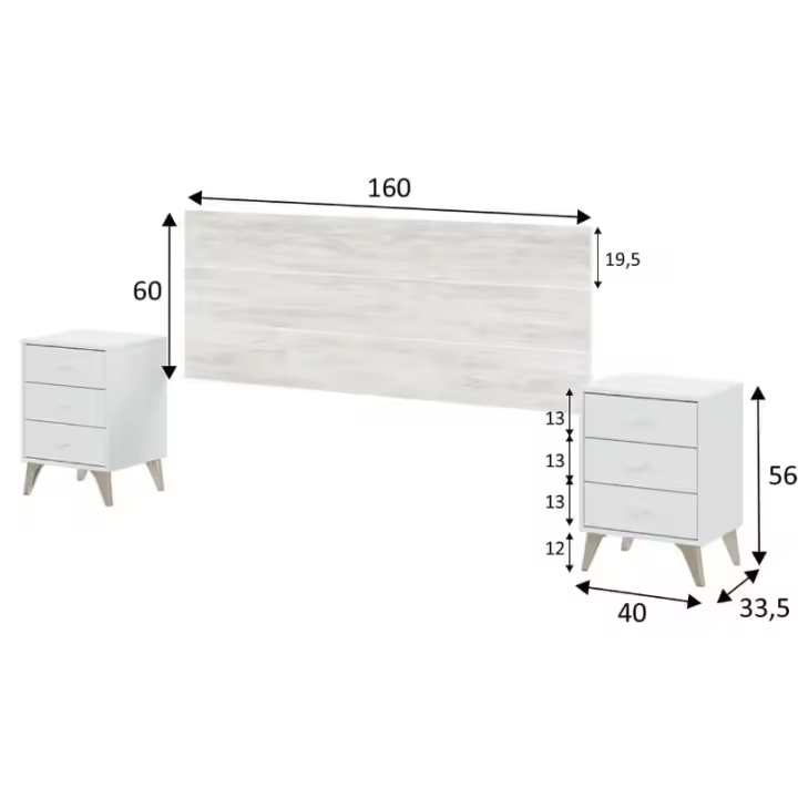 Meimon SWEET Conjunto dormitorio: cabezal para cama 135–150 cm + 2 mesitas de noche con 3 cajones cada una, tablero melaminizado TIPO E1 (15 mm/10 mm), traseras MDF 3 mm, cantos PVC 0,6 mm, guías metálicas, patas ABS marrón, tiradores ABS blanco - 1