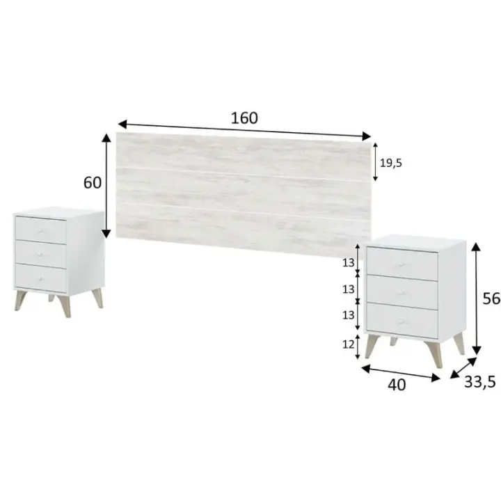 Meimon SWEET Conjunto dormitorio: cabezal para cama 135–150 cm + 2 mesitas de noche con 3 cajones cada una, tablero melaminizado TIPO E1 (15 mm/10 mm), traseras MDF 3 mm, cantos PVC 0,6 mm, guías metálicas, patas ABS marrón, tiradores ABS blanco - 1