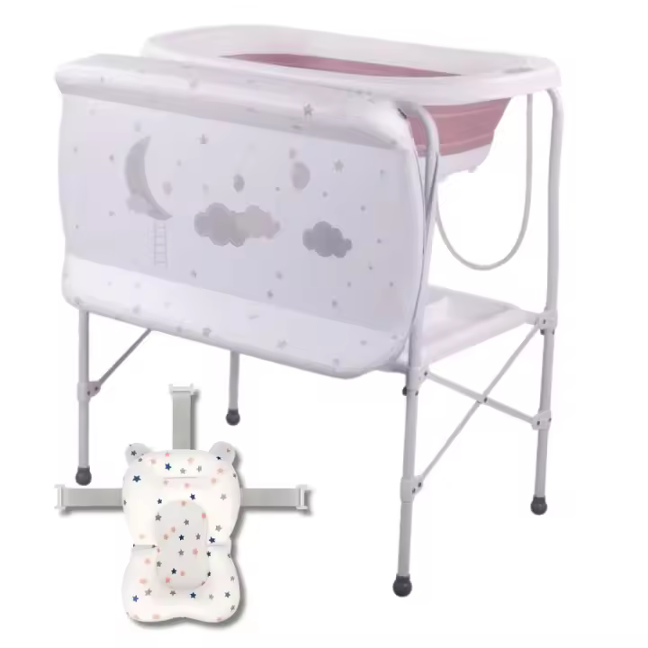 BATHBY Bañera bebé con patas Multifuncional 5en 1 · Plegable con Soporte · con Cojín Antideslizante · Cambiador · Bandejas Organizadoras · Desagüe con Tubo y Soporte para Ducha (Rosa Pro) - 1