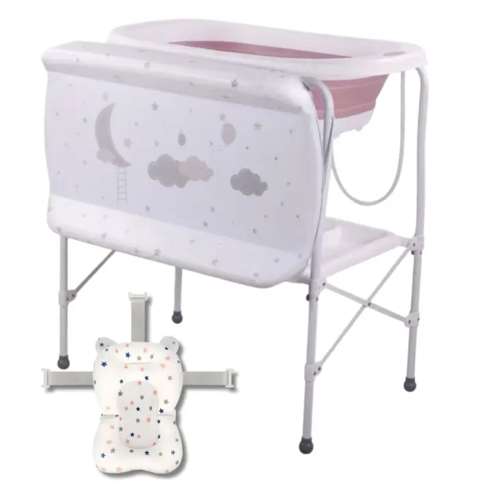 BATHBY Bañera bebé con patas Multifuncional 5en 1 · Plegable con Soporte · con Cojín Antideslizante · Cambiador · Bandejas Organizadoras · Desagüe con Tubo y Soporte para Ducha (Rosa Pro) - 1