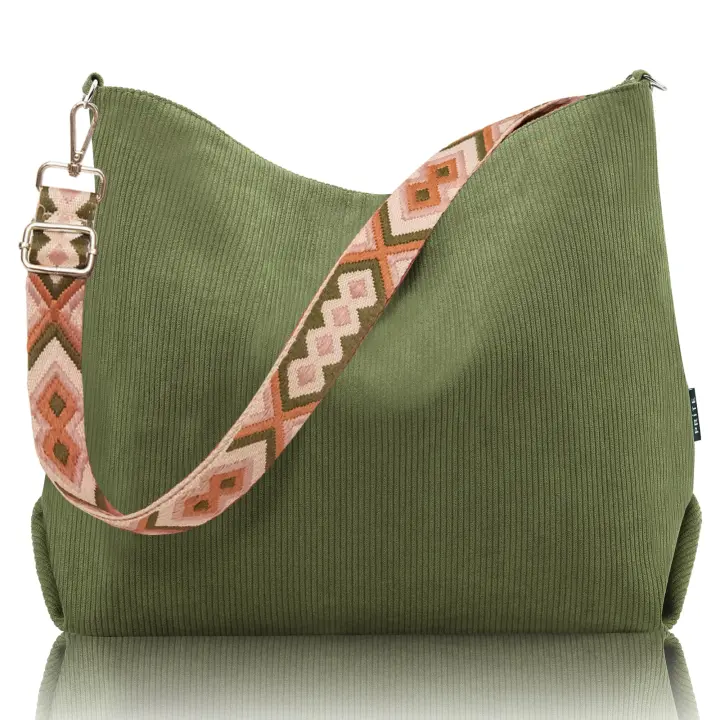 Corduroy Tote Bag for Women with Zipper, Large Capacity Shoulder Bags with Adjustable Strap and Pockets Waterproof Handbag for Work School Shopping Travel College - 1