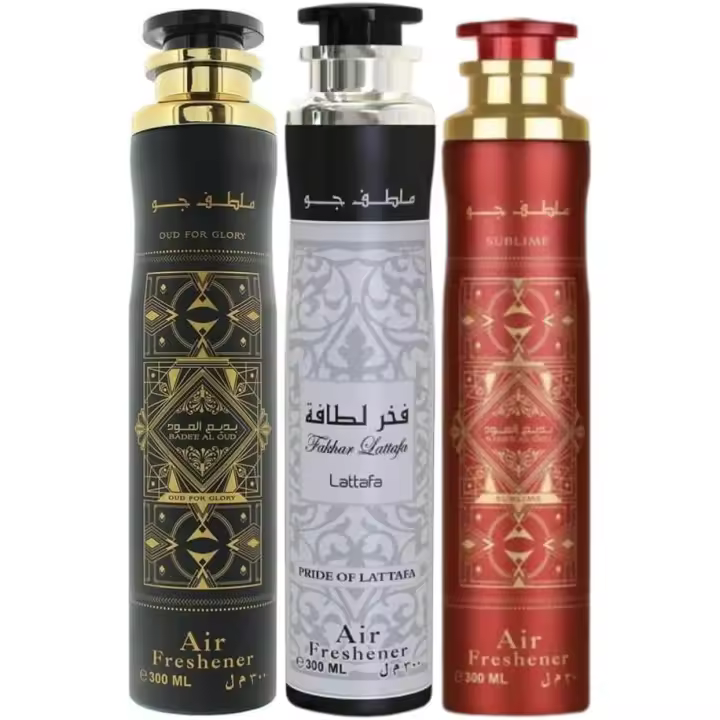 Pack de 3 ambientador árabe premium: Badee Al Oud Glory, Baeed Sublime y Fakhar Homme - Aerosol de 900ml Lattafa, | Fragancia casera de larga duración | Paquete de 3 - 1