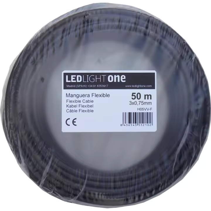 Led Light One Cable H05VV-F Conductor 3x0,75mm 50m (Negro) Tensión de servicio: 500v Temperatura máxima de trabajo 70º.Cables para instalaciones fijas y móviles en locales domésticos y oficinas. - 1