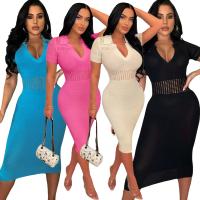 Vestido Midi Bodycon De Mujer Con Cuello En V Y Manga Corta Tejido En Knit Para Fiesta Y Calle Moda 2024 Vestido De Noche - details 1
