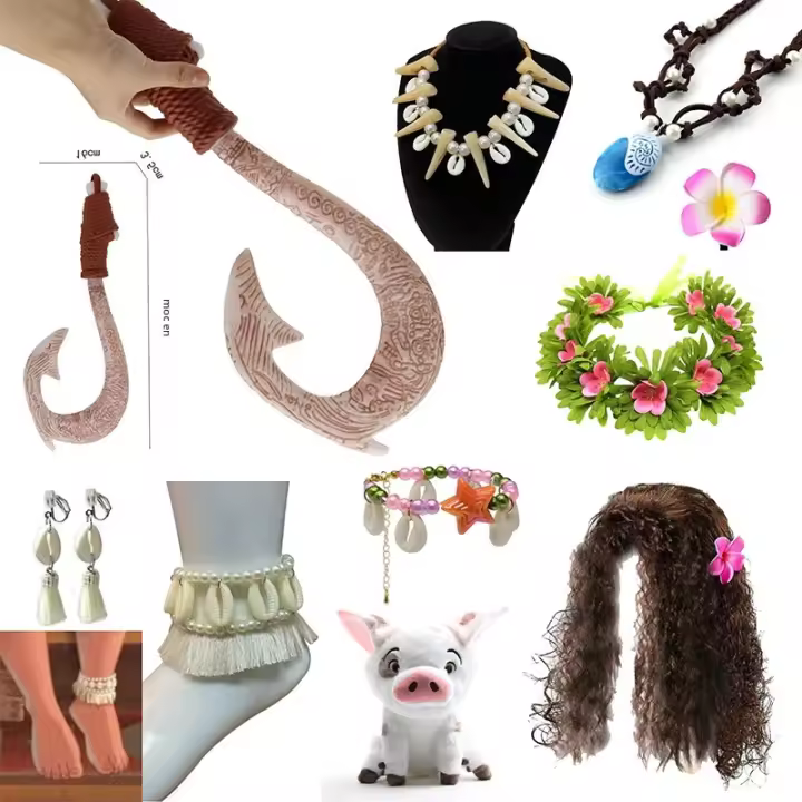 Juego De Accesorios De Disfraz Moana 2 Para Niñas Con Peluca Y Collar Clip De Flor Vestimenta Vaiana Para Carnaval Regalo De Navidad - 1