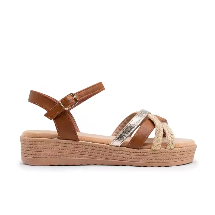 Sandalias planas de cuero PU estilo bohemio para mujer, con correas múltiples en yute y metalizado, estilo playero, perfectas para vacaciones y verano - 1