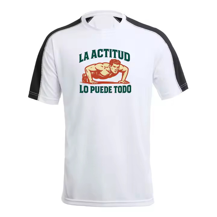 MERCHANDMANIA CAMISETA técnica franja mangas NEGRA frase motivadora la actitud lo puede todo tshirt - 1