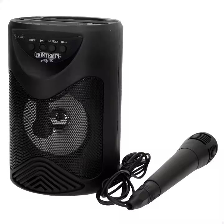 Bontempi - Altavoz karaoke con micrófono, 50W de potencia, luces RGB, conexión inalámbrica, USB, microSD, radio, función estéreo, batería recargable, formato portátil Ø12x18 cm, ideal para fiestas y eventos, con ranura para móvil - 1