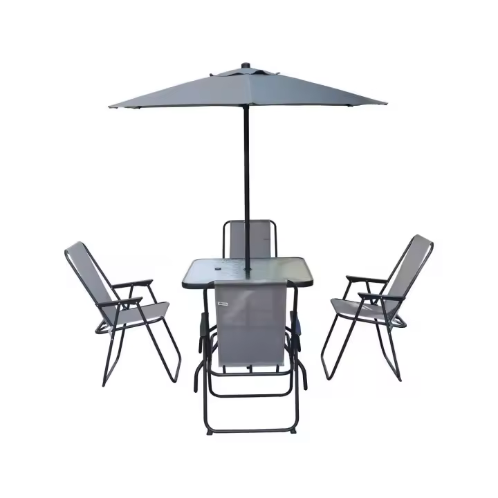 Habitat y Jardin - Mesa y sillas de jardín de metal "Convivia" con parasol - 4 plazas - Gris claro - 1