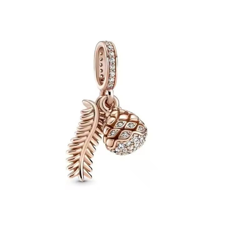 PANDORA Colgante de piña brillante en aleación de metal chapado en oro rosa de 14 quilates con circonitas Moments Collection, talla única, Oro rosa, Circonita cúbica，Viene con embalaje de caja de regalo original. - 1