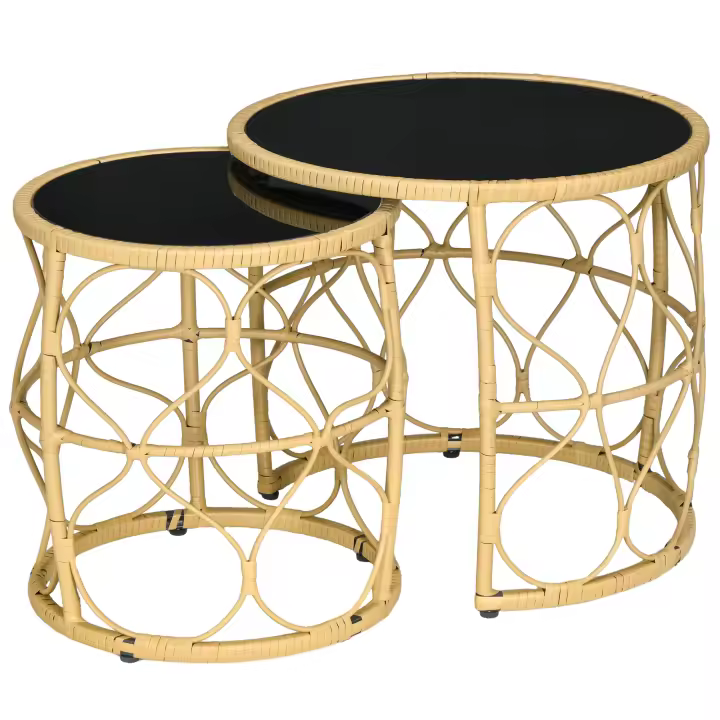 Outsunny Mesa Auxiliar de Ratán Juego de 2 Mesas de Centro con Tapa de Vidrio Mesa de Sofá Apilable Estilo Boho Mesa de Centro Tejida a Mano para Jardín Balcón Acero Caqui - 1