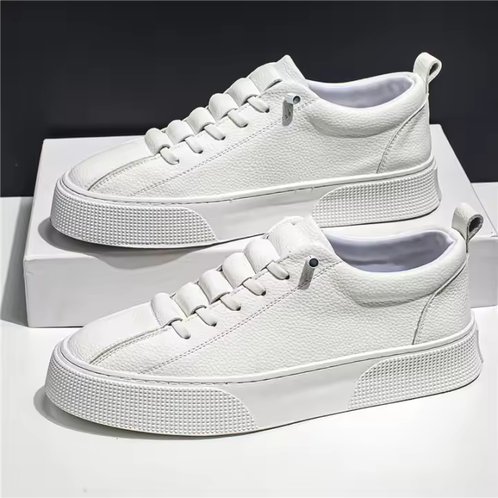 Zapatillas Blancas Para Hombre 2024 Moda Primavera Casual Con Cordones Punta Redonda Planas Zapatos Deportivos Ajuste Talla Normal - 1