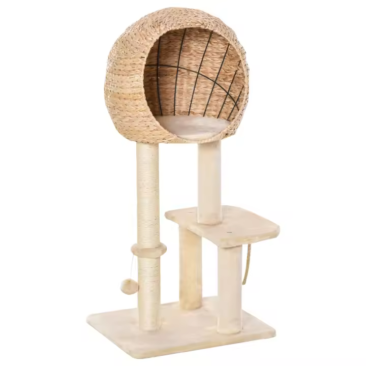PawHut Árbol Rascador para Gatos 48x40x100 cm Torre de Escalada con Plataformas Caseta de Totora Bola y Cuerda de Juego Poste de Sisal Beige - 1