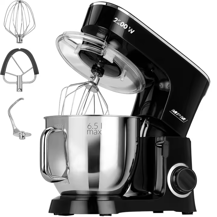MPM MRK-19 Batidora Amasadora Repostería Profesional, Robot Cocina Orbital, 6,5L, 6 Velocidades Acero Inox, 2200W, Acero Inoxidable / Negro - 1