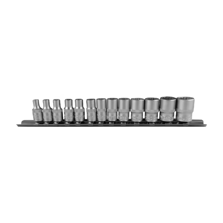 JBM 52717 Juego de vasos de 1/4" 12 cantos. Guía metálica con 12 cantos. Medidas: 4, 4.5, 5, 5.5, 6, 7, 8, 9, 10, 11, 12, 13, 14mm. Material: CR-V. Despiece disponible. - 1