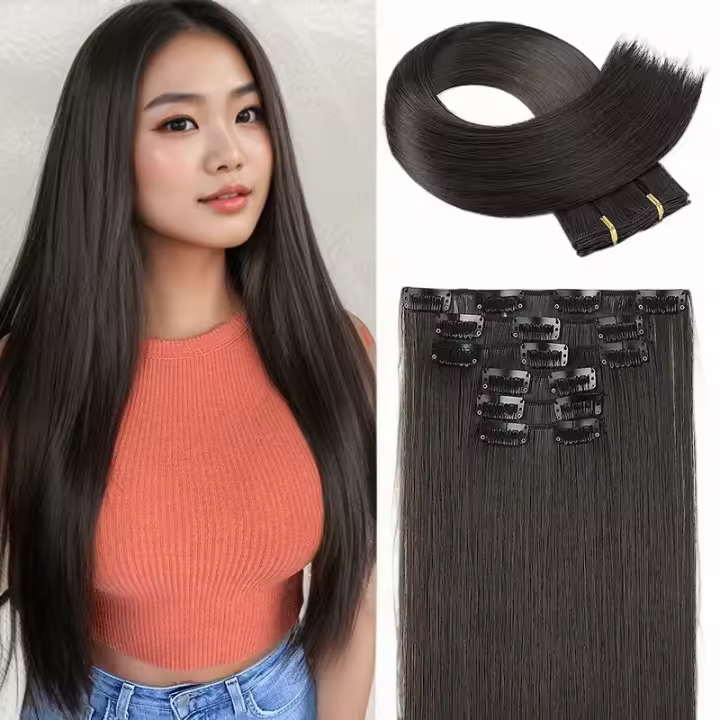 Extensiones De Cabello Sintético 6Pcs/Set 22 Pulgadas Rizado Recto Ombre Fibra Resistente Al Calor Con 16 Clip Para Mujeres Uso Diario - 1