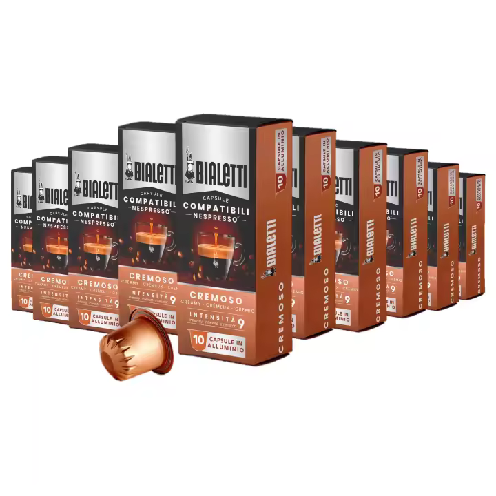 Bialetti Cápsulas de Café 100 caps - Compatibles con Nespresso® * (no vertuo) Mezcla Intenso y Cremoso  - Intensidad 11 o 9 - Café intenso y ricamente aromático/Aromas dulces y afrutados combinados con notas de biscuit - 10 cápsulas x 10 paquetes - 1