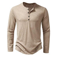 Camiseta De Algodón Para Hombre Con Botones Manga Larga Estilo Henley Color Sólido Transpirable Moda Versátil Slim Fit Casual - details 10