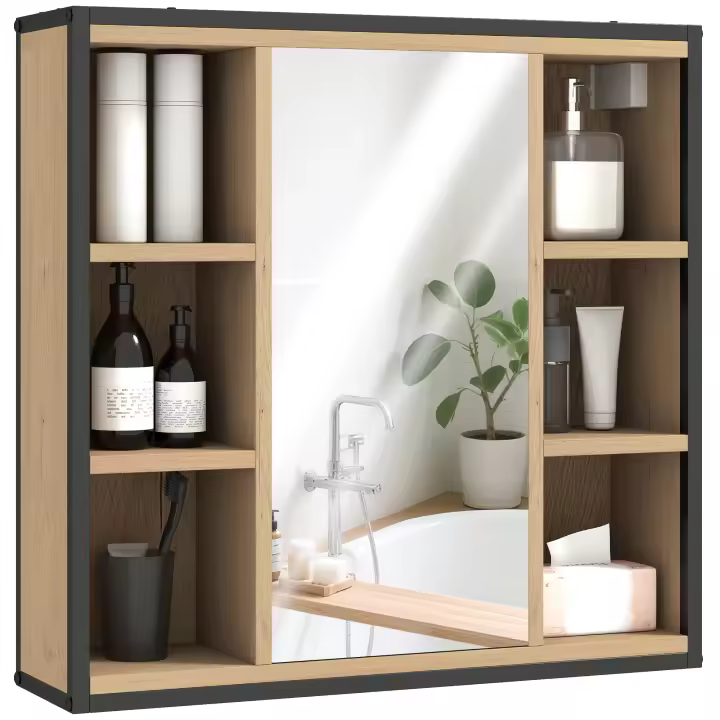 HOMCOM Armario de Baño con Espejo Armario de Pared Mueble de Baño con Estante Ajustable y 6 Compartimentos Abiertos 60x16x58,5 cm Roble - 1